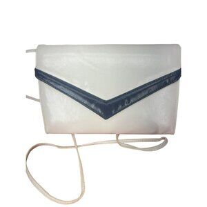 White Leather Clutch‎ With Long Shoulder Strap - Navy Trim